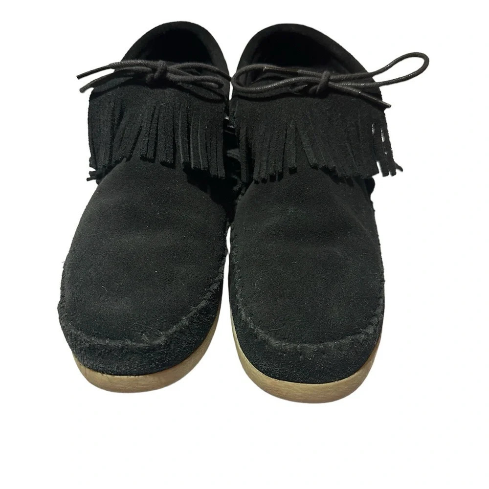 Minnetonka Moccasin Slip On Hardsole Ankle Boot Black Suede Fringe Size 10